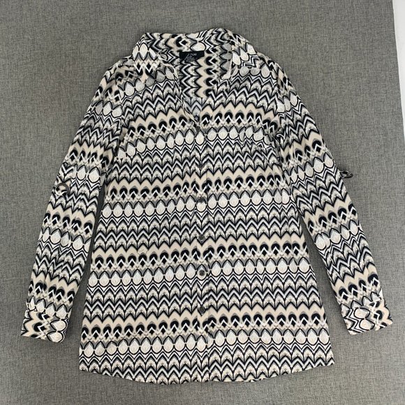 Alfani Button Down Long Blouse Long Roll Up Sleeves Size‎ 8 Black White Grey Tan - Picture 4 of 16